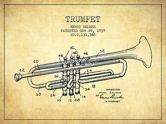 Wall Art - Drawing - Vinatge Trumpet Patent from 1939 #3 by Aged Pixel