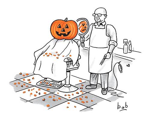 Wall Art - Drawing - A Barber Shows A Smiling Jack-o-lantern The Back by Bob Eckstein