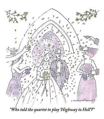 Wall Art - Drawing - A Bride And Groom Are Seen Talking As People by Michael Crawford
