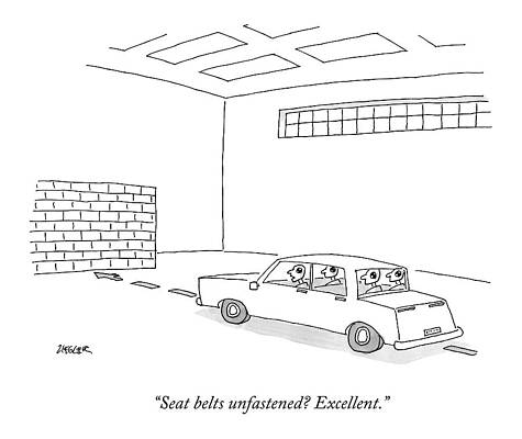 Wall Art - Drawing - A Car Full Of Crash Test Dummies Approaches by Jack Ziegler