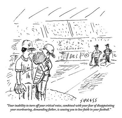Wall Art - Drawing - A Catcher Speaks To A Baseball Player by David Sipress