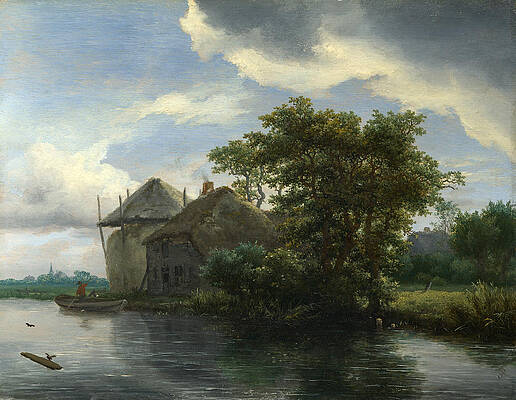 A Cottage and a Hayrick by a River Print by Jacob Isaacksz van Ruisdael