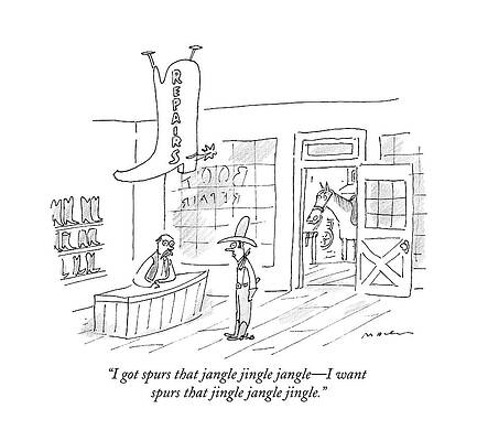 Wall Art - Drawing - A Cowboy Talks To The Shopkeeper Of A Boot Spurs by Michael Maslin