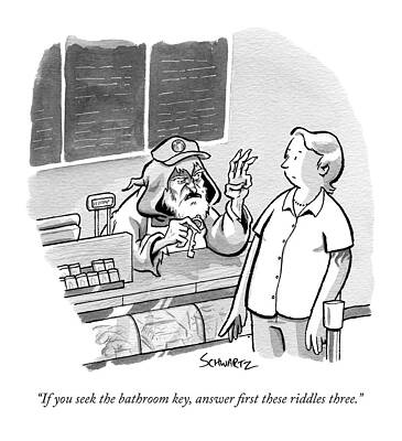 Wall Art - Drawing - A Creepy Convenience Store Clerk Dangles A Key by Benjamin Schwartz