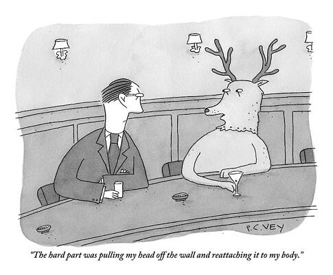Wall Art - Drawing - A Deer Talks To A Man At A Bar by Peter C. Vey