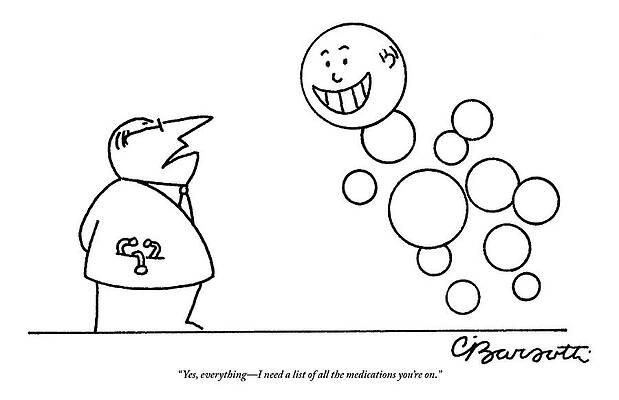 Wall Art - Drawing - A Doctor Talks To A Man Who Is Made Of Happy by Charles Barsotti