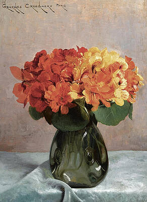 A Flower Still Life with Indian Cress Print by Georges Croegaert