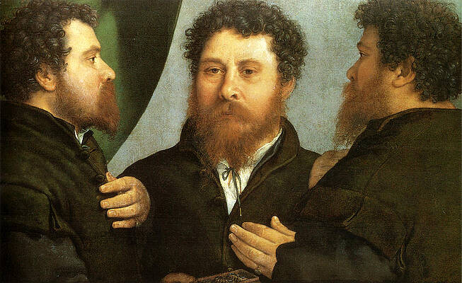 A Goldsmith seen from three sides Print by Lorenzo Lotto