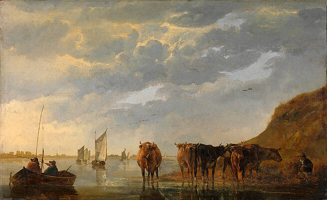 A Herdsman with Five Cows by a River Print by Aelbert Cuyp