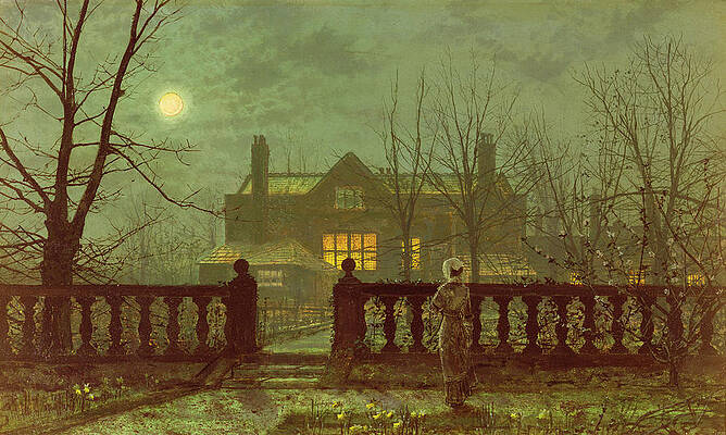 Wall Art - Painting - A Lady In A Garden By Moonlight by John Atkinson Grimshaw