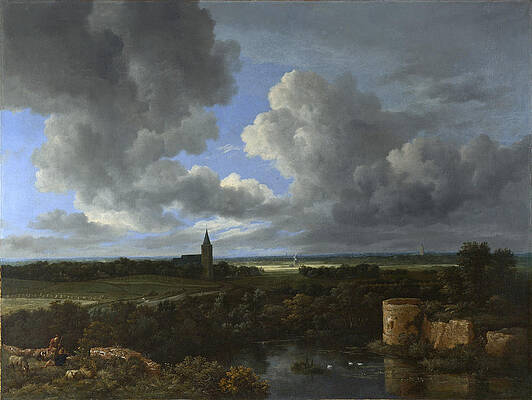 A Landscape with a Ruined Castle and a Church Print by Jacob Isaacksz van Ruisdael