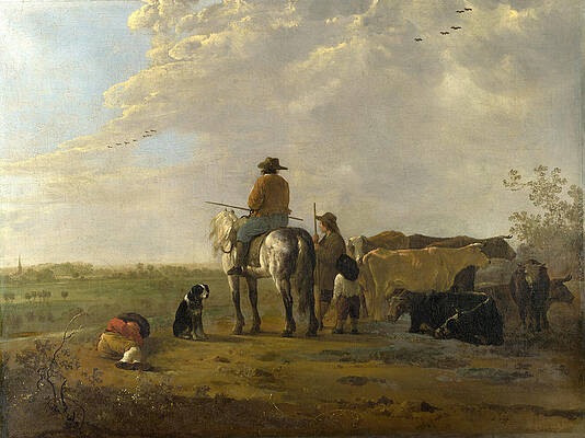 A Landscape with Horseman Herders and Cattle Print by Aelbert Cuyp