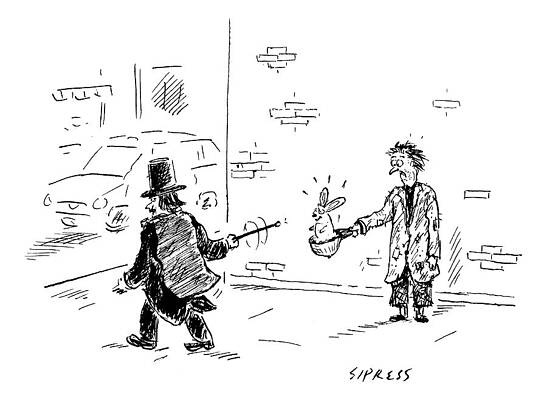 Wall Art - Drawing - A Magician Points His Wand At A Beggar's Hat by David Sipress