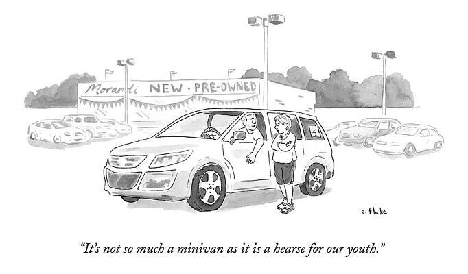 Wall Art - Drawing - A Man In A Minivan Speaks To A Woman At A Car by Emily Flake