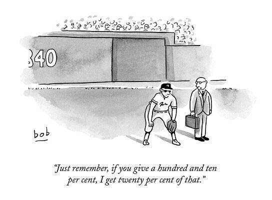 Wall Art - Drawing - A Man In A Suit Stands Beside A Baseball Player by Bob Eckstein