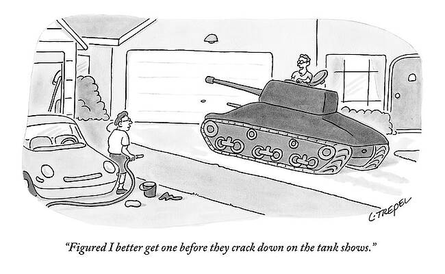 Wall Art - Drawing - A Man In A Tank Pulls Into His Driveway by Larry Trepel