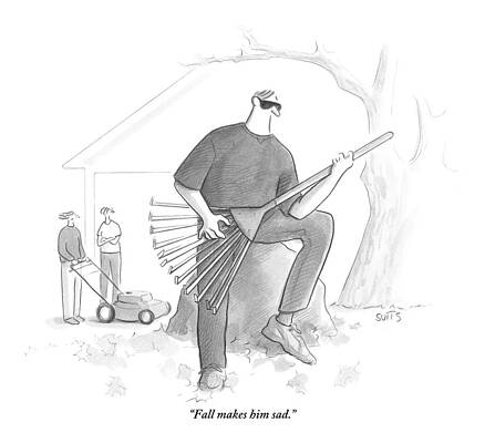 Wall Art - Drawing - A Man In A Yard Holds A Rake As Though by Julia Suits