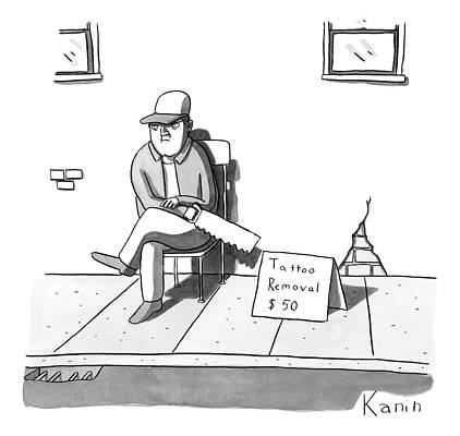 Wall Art - Drawing - A Man Sits With A Saw Next To A Sign That Reads by Zachary Kanin