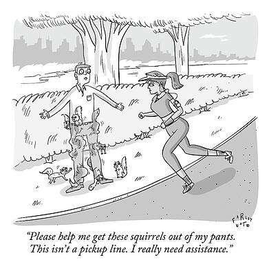 Wall Art - Drawing - A Man Standing By A Path Is Covered In Squirrels by Farley Katz