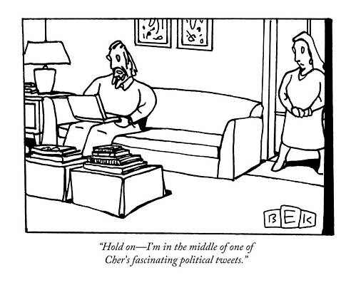 Wall Art - Drawing - A Man Using A Laptop On A Couch Talks To A Woman by Bruce Eric Kaplan