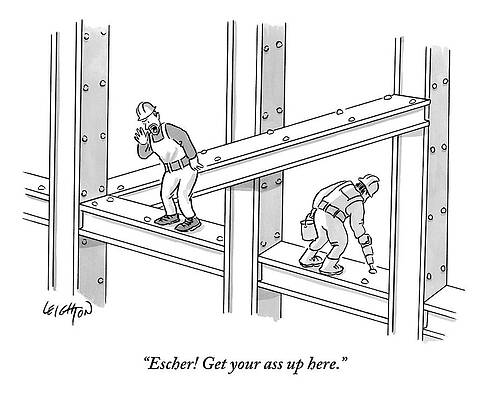 Wall Art - Drawing - Escher Get your ass up here by Robert Leighton