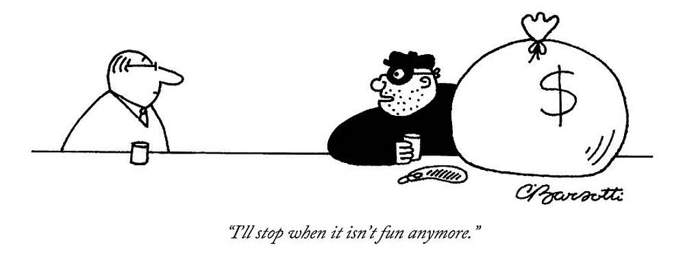 Wall Art - Drawing - A Robber Sits At A Bar With A Large Sack Of Cash by Charles Barsotti
