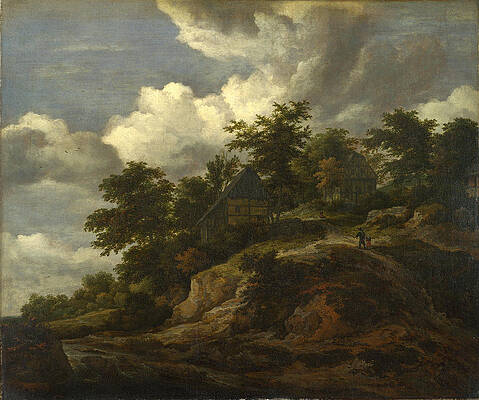 A Rocky Hill with Three Cottages a Stream at its Foot Print by Jacob Isaacksz van Ruisdael