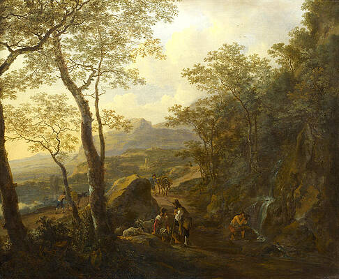 A Rocky Italian Landscape with Herdsmen and Muleteers Print by Jan Both