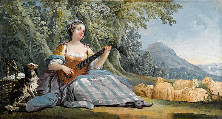 A shepherd girl playing the mandolin Print by Jean-Baptiste Huet