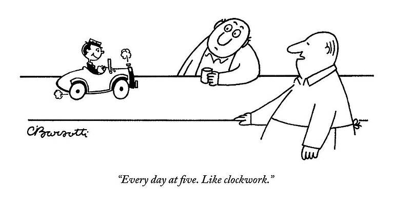 Wall Art - Drawing - A Tiny Man In A Tiny Car Drives On A Bar by Charles Barsotti