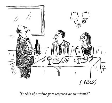 Wall Art - Drawing - A Waiter Shows A Bottle Of Wine To Two Dinner by David Sipress