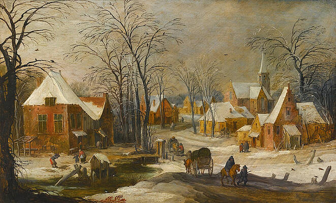 A Winter Landscape with Travellers passing through a Village Print by Joos de Momper and Jan Brueghel the Elder