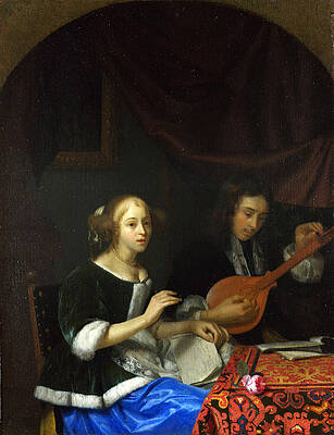 A Woman singing and a Man with a Cittern Print by Godfried Schalcken