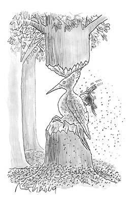 Woodpecker Drawing - A Woodpecker Is Using His Beak To Carve Is Own by Mort Gerberg