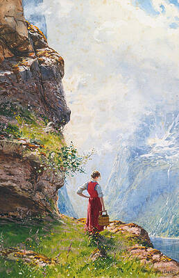 A Young Girl by a Fjord Print by Hans Andreas Dahl