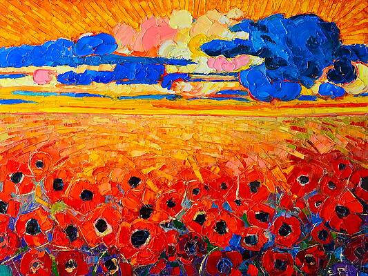Wall Art - Painting - Abstract Field Of Poppies Under Cloudy Sunset  by Ana Maria Edulescu
