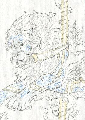 Wall Art - Drawing - ACEO Carousel Lion and Cats by Jennifer  Anne Esposito