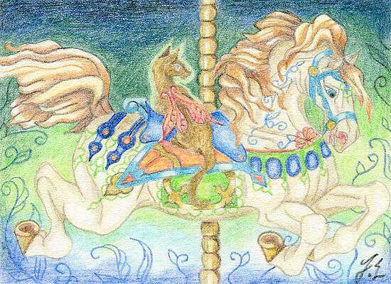Wall Art - Drawing - ACEO Cat and the Carousel by Jennifer  Anne Esposito