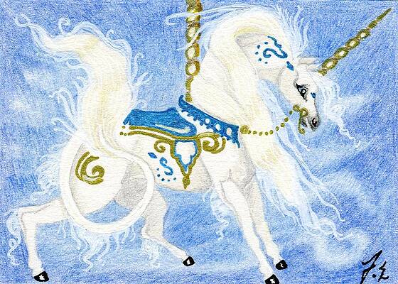 Wall Art - Drawing - ACEO White Carousel Unicorn by Jennifer  Anne Esposito