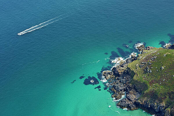 Aerial View Of Boat Off Cornish Print by Allan Baxter