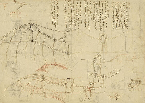 Wall Art - Drawing - Aircraft machine has been reduced to simplest shape wings directly put on human body by straps  by Leonardo Da Vinci