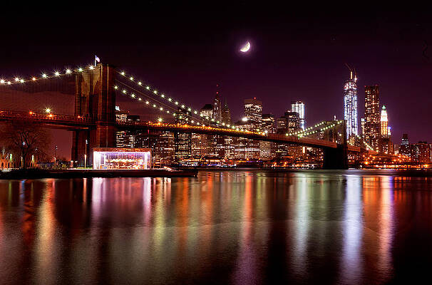 Wall Art - Photograph - Amazing New York Skyline and Brooklyn Bridge with Moon Rising by Mitchell R Grosky