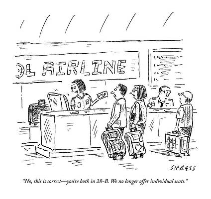 Wall Art - Drawing - An Airline Concierge Checks The Computer For Two by David Sipress