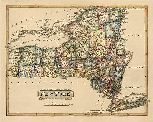 Wall Art - Drawing - Antique Map of New York State by Fielding Lucas - circa 1817 by Blue Monocle