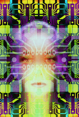 Wall Art - Photograph - Artificial Intelligence: Face And Circuit Board by Science Photo Library