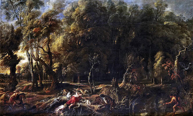 Atalanta And Meleager Hunting The Calydonian Boar Print by Peter Paul Rubens