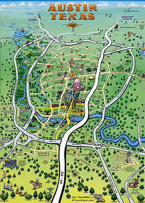 Austin TX Cartoon Map by Kevin Middleton Austin TX Cartoon Map by Kevin Middleton