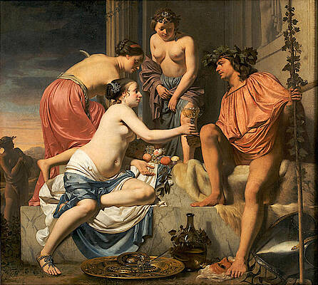 Bacchus On A Throne. Nymphs Offering Bacchus Wine And Fruit Print by Caesar van Everdingen