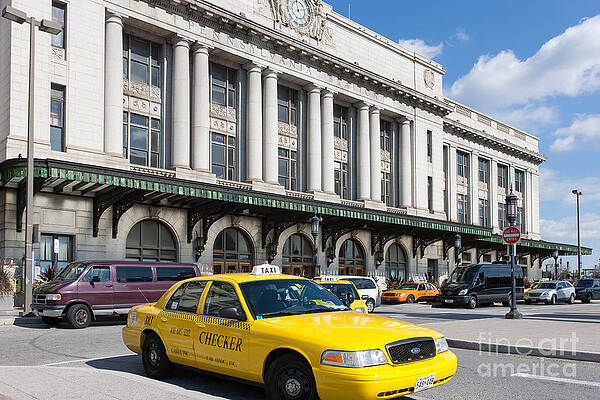 Yellow Taxi in Front of Historic Station Wall Art