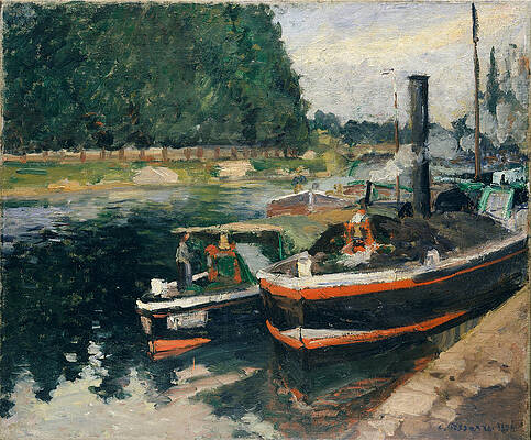 Barges At Pontoise Print by Camille Pissarro